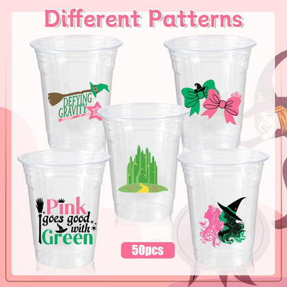 Witch Theme Party Decoration Plastic Cups, 50pcs 12 Oz Plastic Clear Disposable Drinking Cups for Witch Movie Birthday Wedding Summer Tropical Shower Party Supplies Favors Women Men Snack Cup Bulk