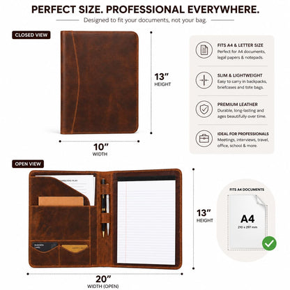 Leathervine Compact Leather Portfolio with Clipboard | Legal Pad | Card Holders | File Pocket | Pen Loop | Premium Organizer for Meetings | Work | Interviews | Graduation Gifts