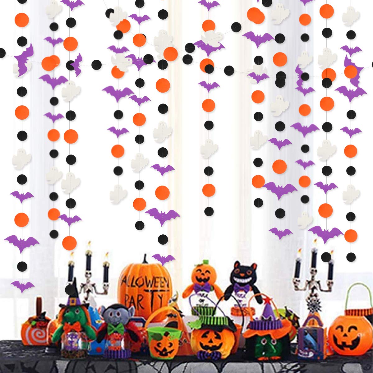 39Ft Halloween Party Decoration Garland Streamers Purple Bat White Ghost Black Orange Circle Dot Hanging Paper Banner Bunting for Halloween All Hallows Eve Birthday Home Fireplace Decor Supplies