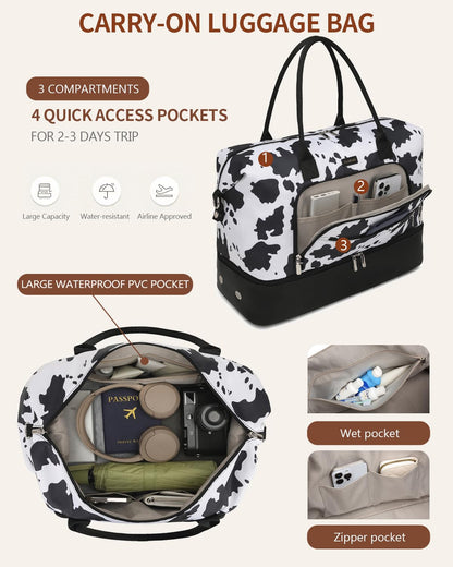 CLOKARS Weekender Bags for Women, Travel Duffle Bag Carry On Overnight Bag with Cosmetics Bag and Crossbody Purse for Gym Hospital, Gifts for Women, Cow Print Black