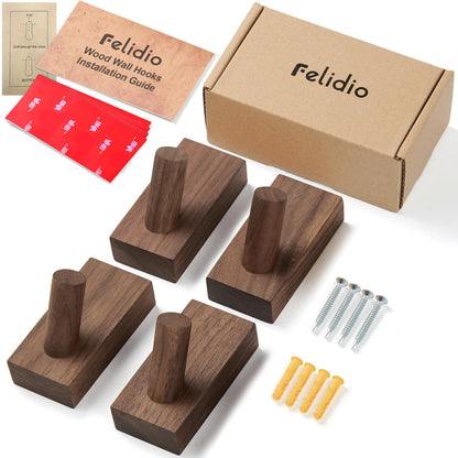 Felidio Natural Wooden Wall Hooks, Adhesive & Screw Mount Coat and Towel Hooks - Decorative Key Holder, Hat Rack, Stocking Wall Hangers for Bathroom Entryway Closet - 4 Pack, Walnut Wood