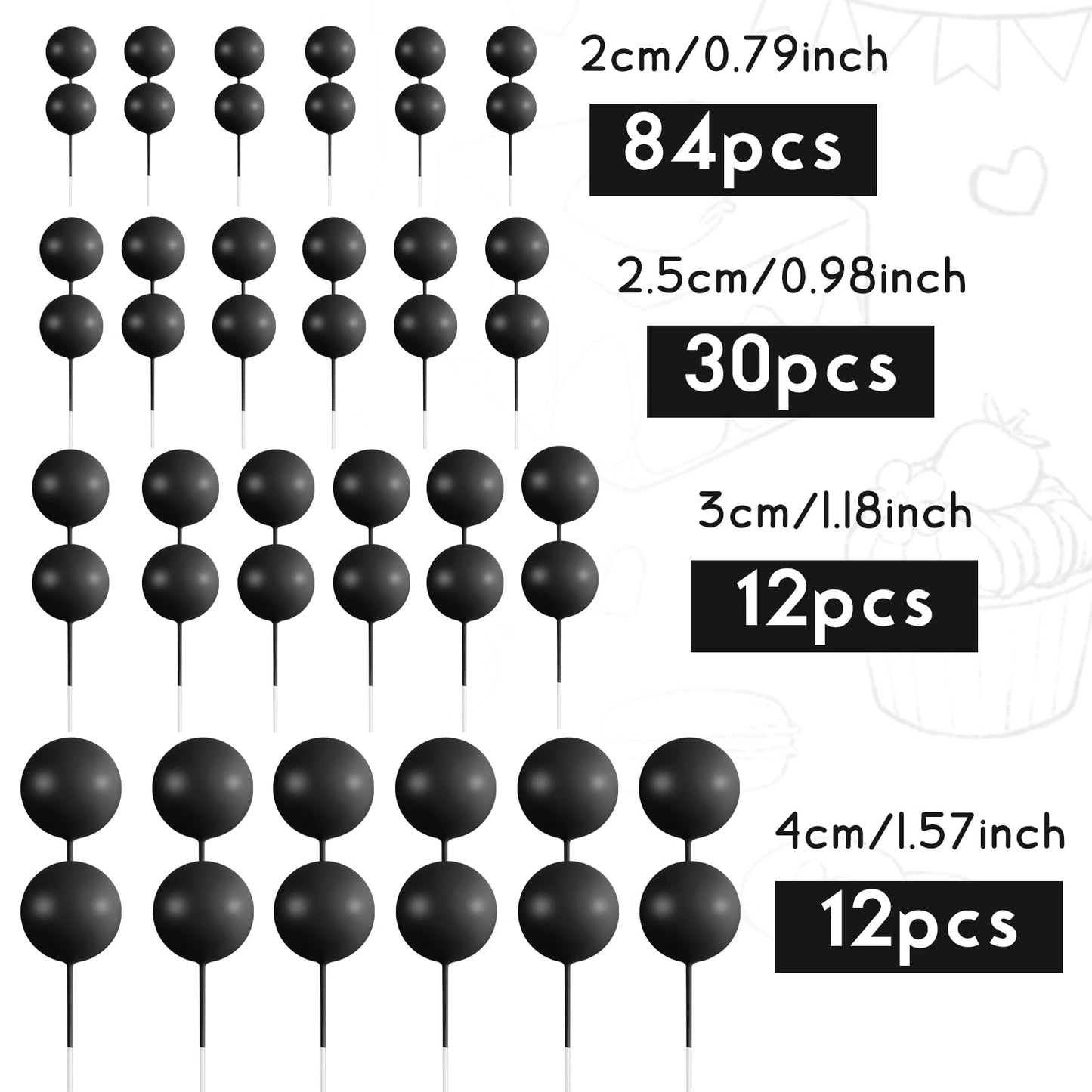 BOUBONI 138 Pcs Black Balls Cake Topper Decorations Balloon Cupcake Toppers Foam Cake Topper Balls Decorations for Halloween Birthday Party Wedding Anniversary