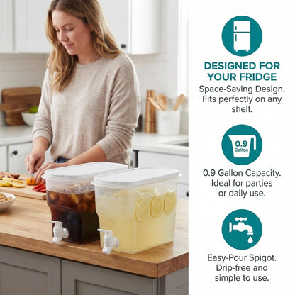 Jucoan 2 Pack 0.9 Gallon Fridge Beverage Drink Dispenser with Leak-proof Spigot, Plastic Cold Drink Juice Beverage Dispenser Jug for Party Drink, Juice, Iced Tea, Lemonade, Cold Brew