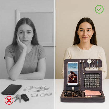 Namore Nightstand Organizer for Women – Wood Phone Docking Station & Jewelry Valet Tray for Phone, Earrings, Wallet & Keys – Unique Gifts for Women, Wife, Mom