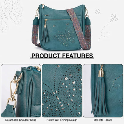 KITEVIUN Medium Crossbody Bags for Women Trendy, Vegan Leather Crossbody Purse Butterfly Design, Women's Shoulder Handbags with Tassel