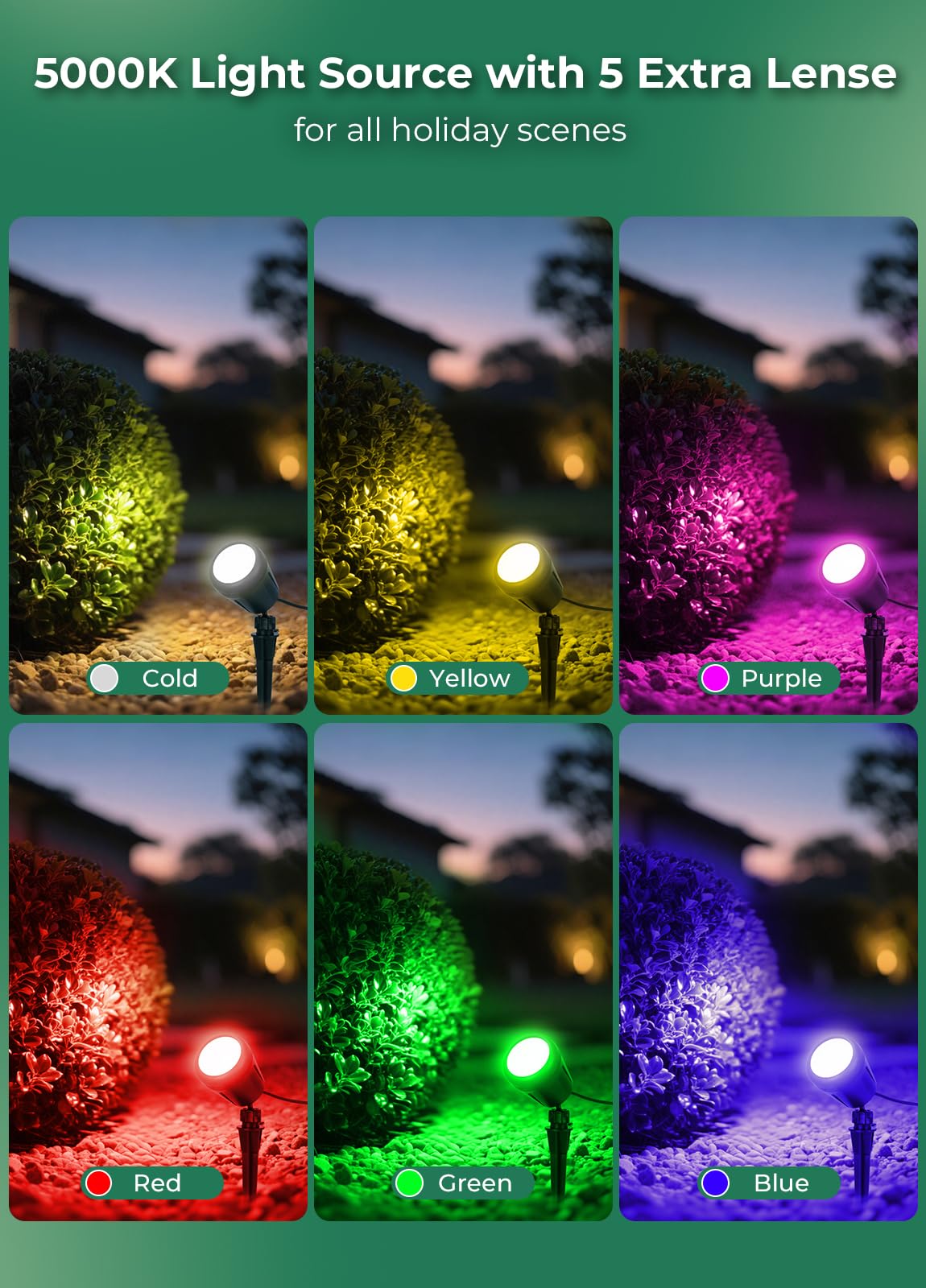 Gmalos Halloween Spotlights Outdoor, 120V Plug-in Christmas Spot Light, 5000K LED Landscape Lighting with 5 Color Lenses (Red Green Blue Purple Yellow), IP67 Waterproof, 2 Pack