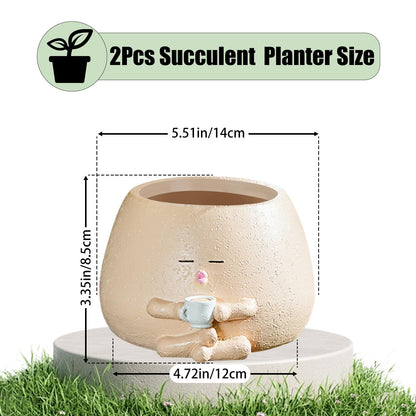FHDUSRYO Smiley Face Planter Pot, 2Pcs Cute Resin Flower Head Planters for Indoor Outdoor, Unique Sit Succulent Pots with Drainage Hole for Mothers Day, Teacher, Plant Lovers (Drink)