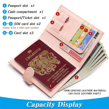 FREYAMIRA Passport Holder for Travel Women RFID Blocking Genuine Leather Passport Wallet with Card Slots, Zipper Coins Pocket, Cash Holder, Pink