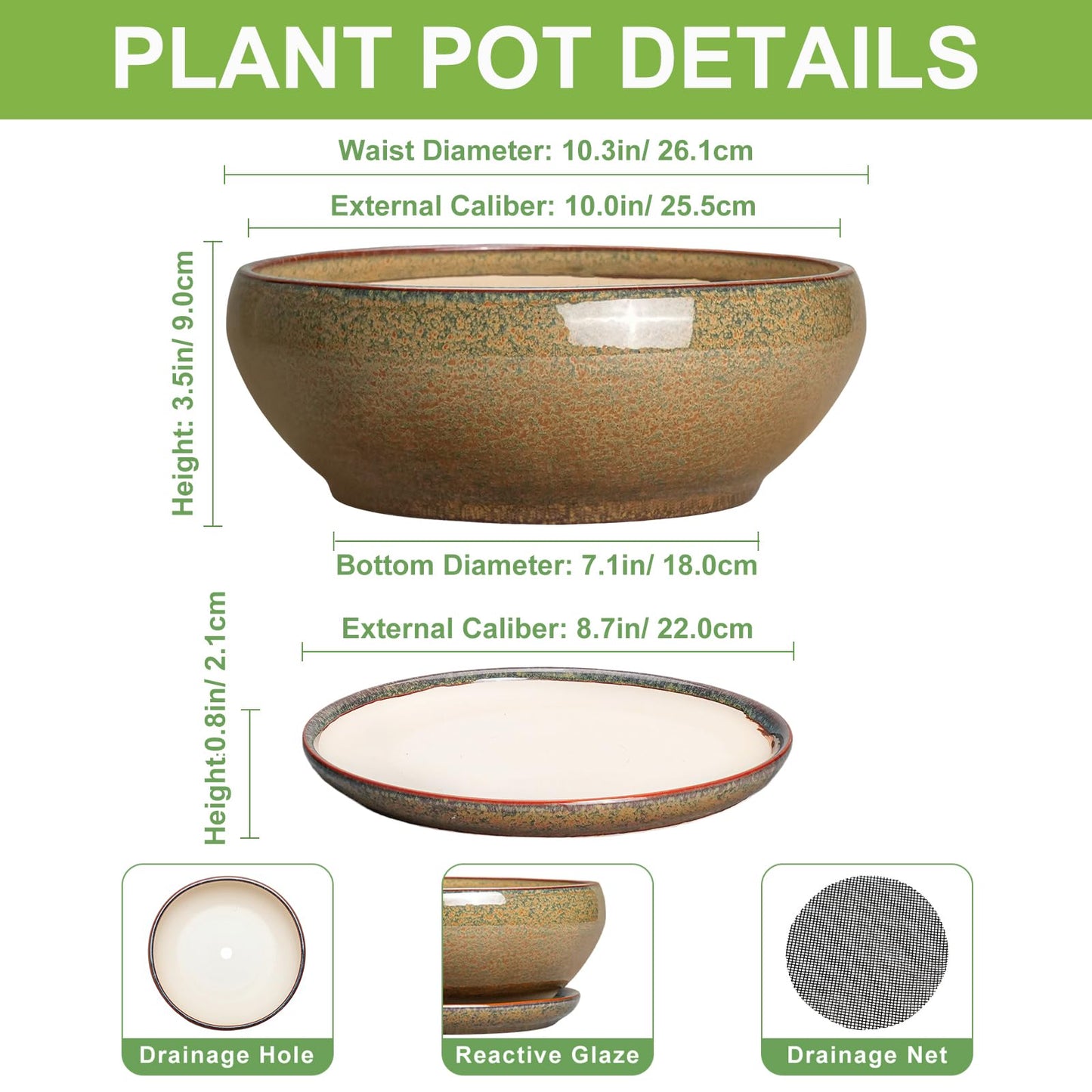 SQOWL Bonsai Planter - 10 Inch Ceramic Succulent Pots, Shallow Plant Pot Indoor with Drainage Hole and Saucer, Ceramic Bonsai Pots, Round Planter Bowl Outdoor, House Decor, Plant Lover Gifts, Brown