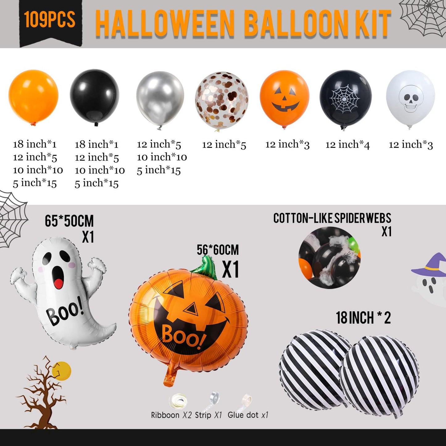 Summerween balloons arch kit Orange Black Silver ghosts print balloons and Pumpkin Monster mylar balloons forkid friendly halloween Birthday Spooky Theme Festival rick or Treat game Decorations