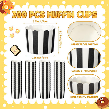 Romooa 300 Pcs Cupcake Liners Baking Paper Cup Muffin Liners Stripes Cupcake Wrappers 2.3 Inch Muffin Baking Cups for Carnival Halloween Birthday Party Supplies(Black and White)
