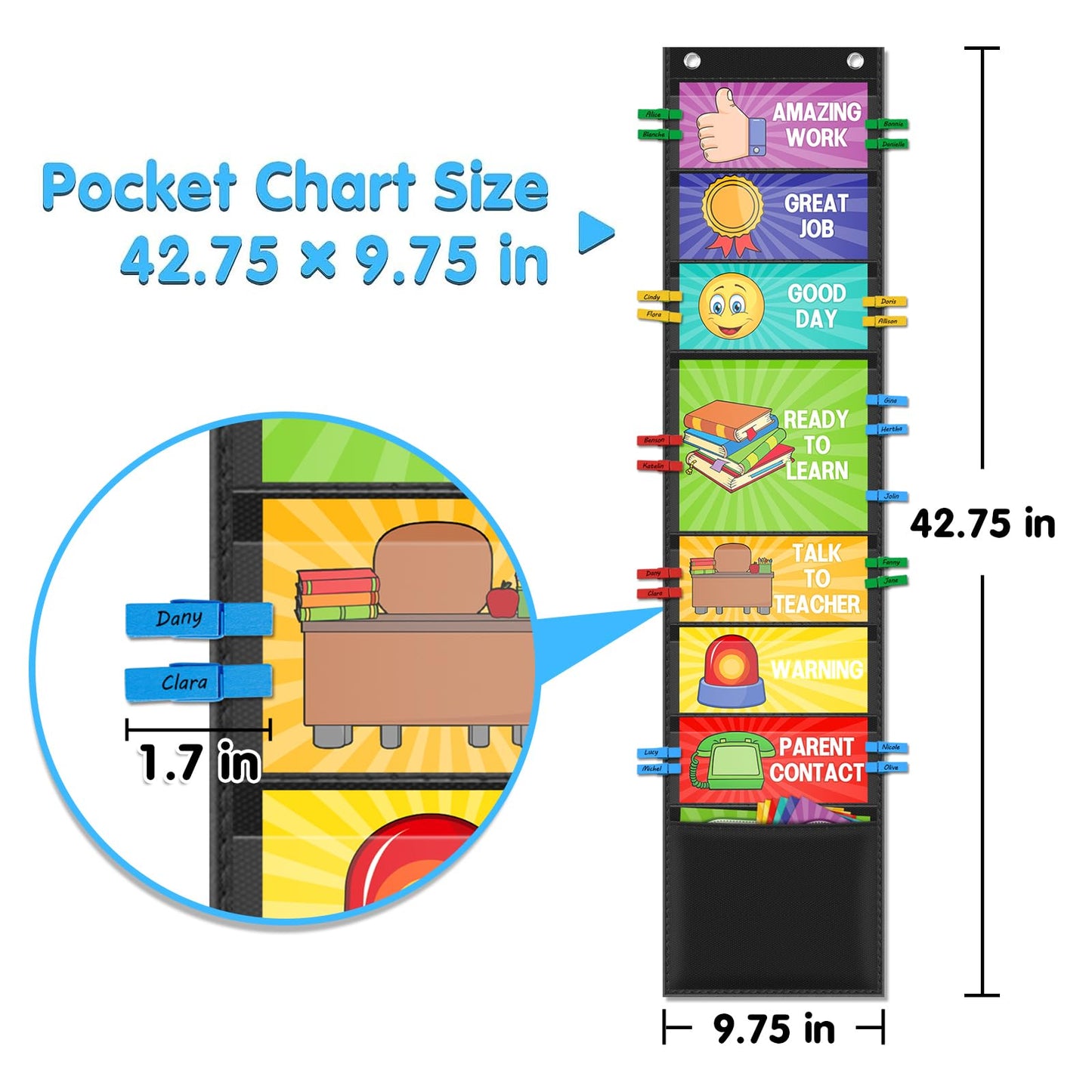 Behavior Chart for Classroom Management with Clips & Pockets - Student Reward System for Kids - Learning Tools for Preschool, Elementary & Homeschool