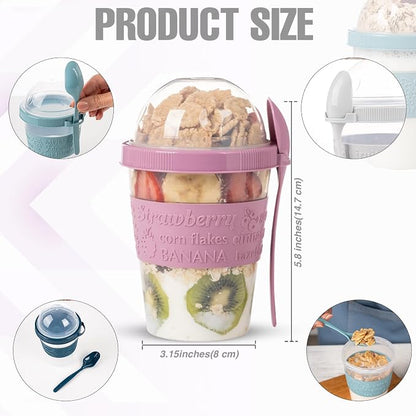 4 Pack Reusable On The Go Yogurt Parfait Cups, Breakfast Plastic Containers with Lids and Spoons, Perfect Jars for Overnight Oats Cereal Granola Oatmeal Smoothies and Snack Prep