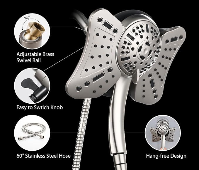 GRICH 2.5GPM Shower Head with Handheld Spray Combo: 2 in 1 Rainfall Shower Heads high pressure & Handheld Shower Head, 9 Spray Modes/Settings Detachable Shower Head with 60 Inch Hose, Nickel