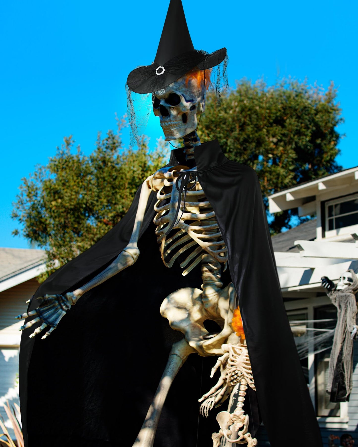 Tarpop Halloween 12 ft Skeleton Outfit Set Giant Skeleton Witch Theme Costume Includes Witch hat and Cloak for Halloween Decorations Outdoor Yard Haunted House Prop Decorations