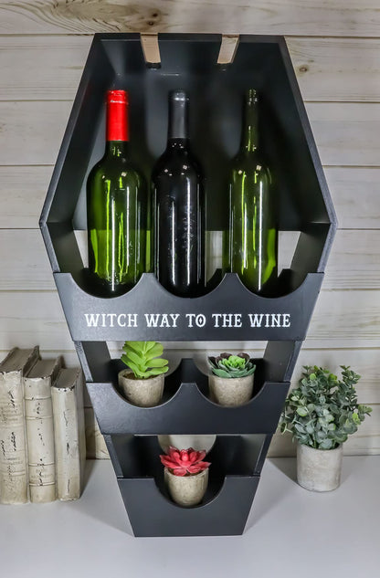Ebros Gothic Graveyard Creepy Oddity Witches and Vampire Black Coffin Casket Wine Glasses and Bottles Rack Display Shelf Stand MDF Wood Dead Alchemy Home Office Room Accent