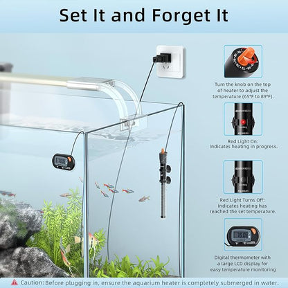 HiTauing Aquarium Heater 25W/50W/100W/200W/300W, Adjustable Knob Fish Tank Heater with Digital Thermometer, Submersible Betta/Turtle Tank Heater for Freshwater and Saltwater Tanks