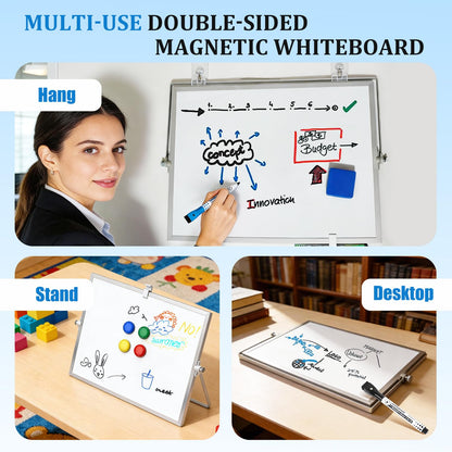 Teridokor Dry Erase Magnetic Whiteboard Double-Sided 16"x12" - Portable Desktop Whiteboard with Stand for Memo to Do List Office Home Drawing (10 Markers, 4 Magnets, 1 Eraser, 1 Ruler)