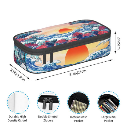 Aoojanu Japanese Ocean Waves Large Pencil Case With Zipper Compartments Stationery Pencil Bag For Kids Teens Students School Supplies