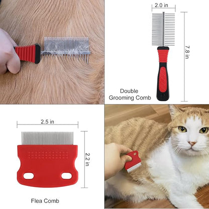 Wisedog Dog Grooming Kit 8PCS - Pin & Bristle Brush, Slicker Brush, Dematting Tool, Nail Clipper, Hair Removal Mitts, Flea Comb for Dogs and Cats (Reddish-black)
