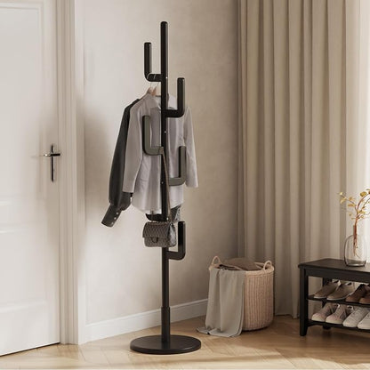 Muwuele Solid Wood Cactus Coat Rack, Freestanding Coat Rack With 6 L-Shaped Hooks and 3 Adjustable Sizes, Coat Tree for Bedroom, Entryway, Livingroom, Coat Hanger Stand for Coats, Handbags (Black)