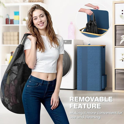 BlissTotes Laundry Basket with Lid, 100L Clothes Laundry Hamper with Handles and Removable Laundry Bag, Breathable Design Hamper with Lid for Bedroom, Bathroom, Dorm, Laundry Room - Light Blue