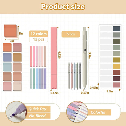 Jutom 39 Pcs Aesthetic Book Annotation Kit Highlighter with Case Bag Gel Pen Transparent Sticky Note Taking Bible Supplies(Khaki,Cute Style)