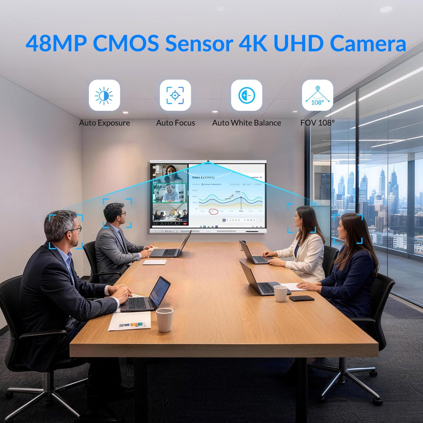 NEWORK Smart Board, 75" All-in-One Interactive Whiteboard, Google EDLA Certified, 48MP CMOS Sensor 4K UHD Camera, 8 AI Noise-Canceling Mics, for Professional Business Meetings and Classroom