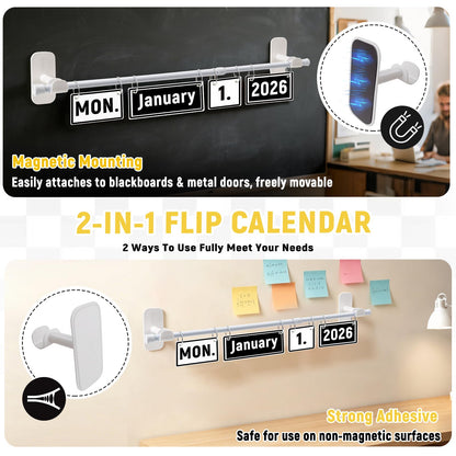 Upgraded 2-in-1 Flip Calendar for Classroom with Magnetic & Adhesive Fixing, Adjustable Magnetic Rod Flip Calendar for Whiteboard, Black and White Classroom Decor Bulletin Board Set (Black and White)