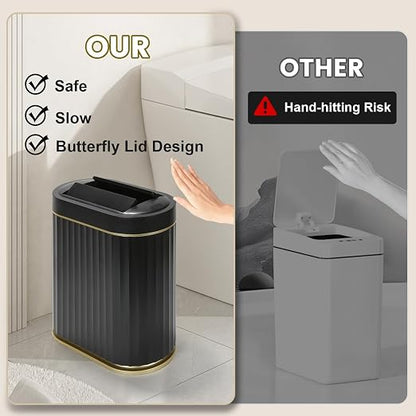 ELPHECO Bathroom Trash Can with Lid Butterfly, Motion Sensor Trash Can Bathroom Decor Automatic Garbage Can Wastebasket Bathroom Accessories, Kitchen, Living Room, Office, Black Gold