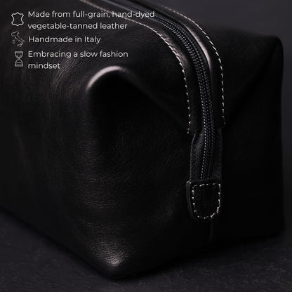 Time Resistance Leather Toiletry Bag - Italian Cosmetic Case Dopp Kit (Black)