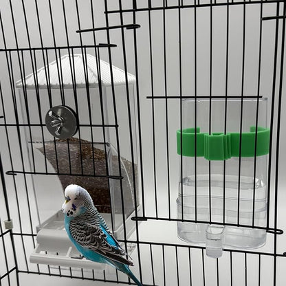 No Mess Bird Feeder, Automatic No-Spill Transparent Bird Feeder Acrylic Parakeet Food Dispenser Cage Accessories for Parakeet Lovebirds Cockatoo Budgie (White)