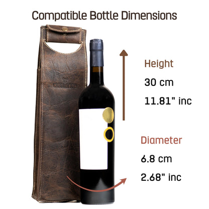 Leather Tote Wine Carrier Bag | Premium Quality Single Bottle Carry with Strong Handles, Full Grain Leather & Metal Buckle - Protective Carrier for Picnic, Wine Champagne Gift Bag in Chocolate