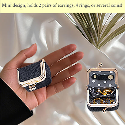 FURZART Genuine Leather Jewelry Travel Case Mini Portable Organizer with Kiss Lock & Anti-Tip Design, Stable Small Jewelry Box for Earrings, Rings, Coin Purse & Travel (2.55x1.77 Inch, Black)