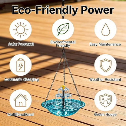 Solar Fountain for Bird Bath，Solar Cascade Hanging Bird Bath Fountain，Large Humming Birds Baths Fountains, with Solars Pump & Glass Bowl, for Outdoor, Gardens (Gray)