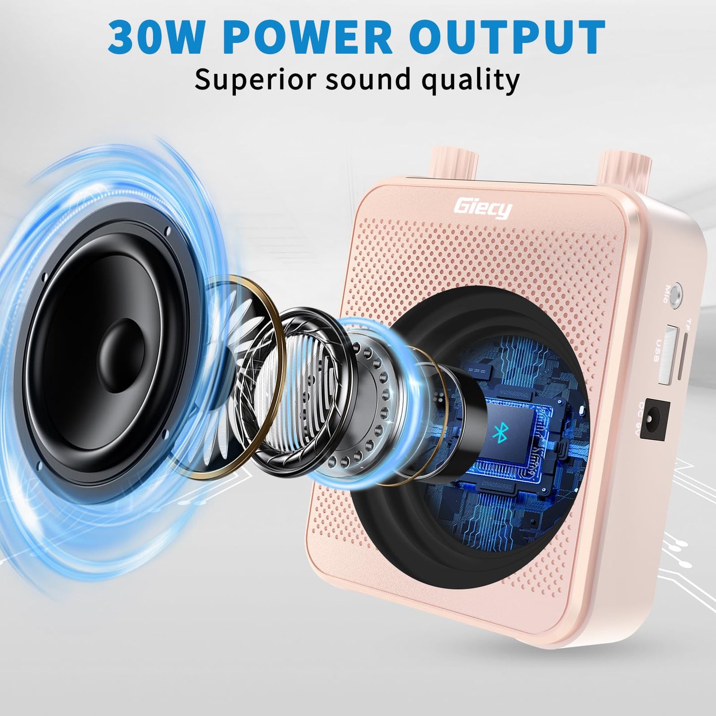 Giecy 30W Portable Voice Amplifier with Wired Microphone Headset, 2800mAh Rechargeable PA System Speaker Personal Microphone Speech Power Amplifiers Loudspeaker for Teachers/Metting/Tour Guide