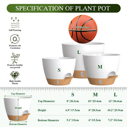 KUGAZ Self Watering Pots with Drainage Holes, 3 Pack 12/10/8 Inch Plant Pots with Water Level Indicator Deep Reservoir, Large Plastic Planter for Indoor Outdoor Plants - White Brown
