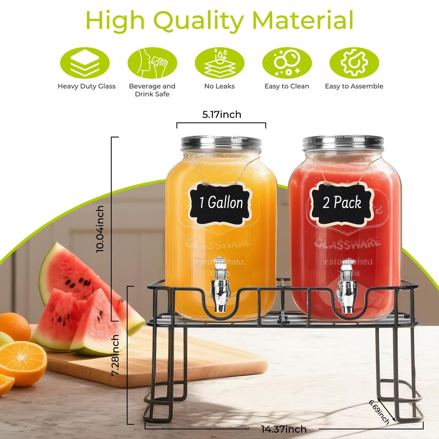 DHSBTLS 1 Gallon Glass Drink Dispensers, 2 Pack Clear Beverage Dispenser for Party, BBQ and Picnic, Juice Dispenser with Ice Core, Black Stand, Spigot, Markers and Chalkboard