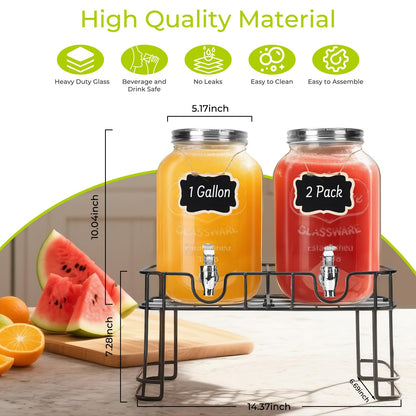 DHSBTLS 1 Gallon Glass Drink Dispensers, 2 Pack Clear Beverage Dispenser for Party, BBQ and Picnic, Juice Dispenser with Ice Core, Black Stand, Spigot, Markers and Chalkboard