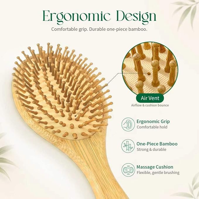 Bamboo Hair Brush - Natural Wooden Paddle Brush for Women & Men, Rounded Bamboo Bristles for Scalp Massage & Detangling, Gentle Hairbrush for All Hair Types