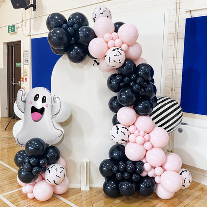 Halloween Balloon Arch Garland Kit, Black Pink Macaron Orange Black and White Striped Ghost Foil Balloons with 3D Bat Stickers for Girls Halloween Party Spooky Birthday Party Decorations