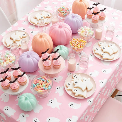 FYSUIMU 12Pcs Halloween Plastic Tablecloths White Pink Ghost Disposable Table Cover Rectangle Table Cloth for Halloween Party Decor, 54 x 108 Inch