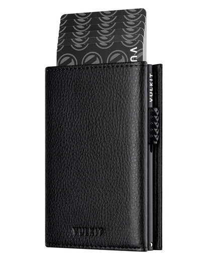VULKIT Card Holder Wallet with Coin Pocket Magnetic Closure Pop Up Cards With ID Window Leather Wallet for Cash & Credit Cards, Grain Black