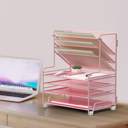 MINDEPOT 4-Tier Paper Organizer + 3-Pocket File Holder + Drawer + Pen Holders, Desktop File Organizers Paper Tray for Office Supplies School Classroom Organization (Pink, with Drawer & Pen Holder)