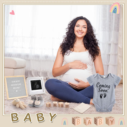 Canlierr 9 Pcs Pregnancy Announcement Set Pregnancy Reveal Ideas Felt Letter Board Baby Bodysuit Booties Photo Frame Bear Plush Wood Blocks for Coming Soon Baby Announcement(Gray)
