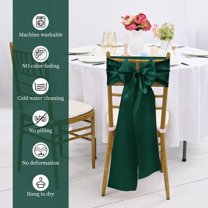 LOKUME Satin Chair Sashes - Dark Green Ribbon Ties for Wedding, Birthday, Banquet & Event Decoration (50 PCS, 7 x 108 Inch)