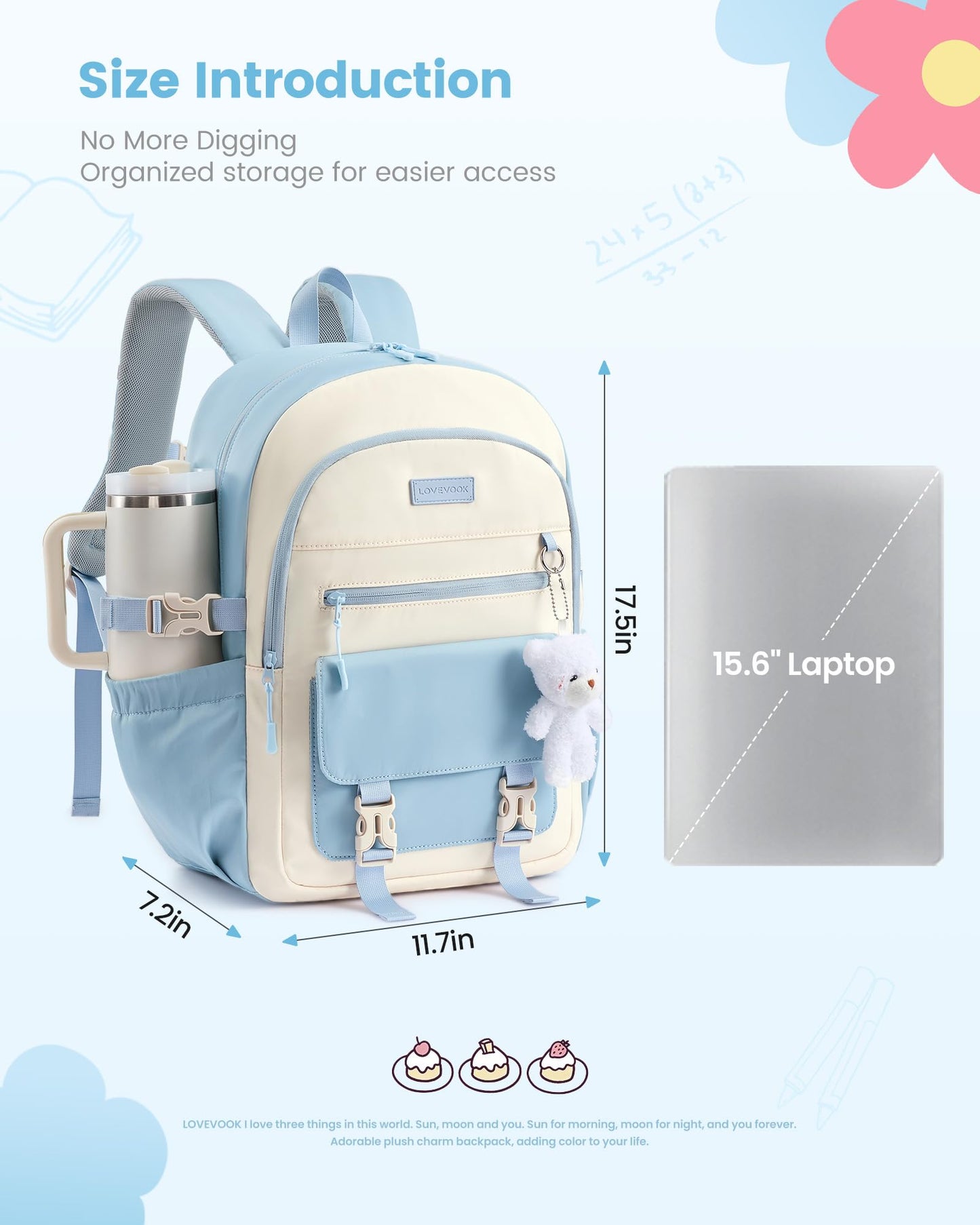LOVEVOOK School Backpack for Teen Girls, Cute Student Bookbag Fits 15.6 Inch Laptop, Back to School Backpacks for 8-18 Teenager Kid, Large College Travel Back Pack with Water Bottle Holder Blue