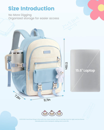 LOVEVOOK School Backpack for Teen Girls, Cute Student Bookbag Fits 15.6 Inch Laptop, Back to School Backpacks for 8-18 Teenager Kid, Large College Travel Back Pack with Water Bottle Holder Blue
