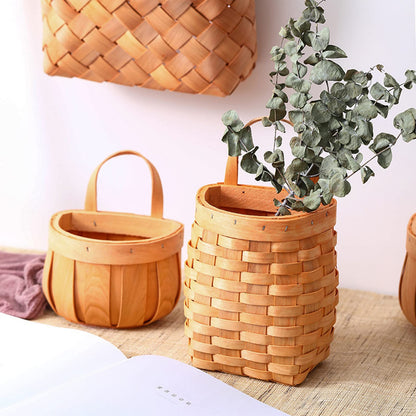 Hanging Basket Hanging Wicker Baskets, Hand-Woven Wood Storage Basket Portable Wall Hanging Flower Basket Organizer Fruit Vegetable Rattan Storage Holder Basket Container Home Decoration