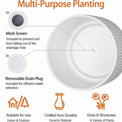 Houlu Set of 3 White Ceramic Plant Pots (7.8/6.5/5.1 inch) with Drainage, Small Flower Planter for Indoor and Outdoor Plants